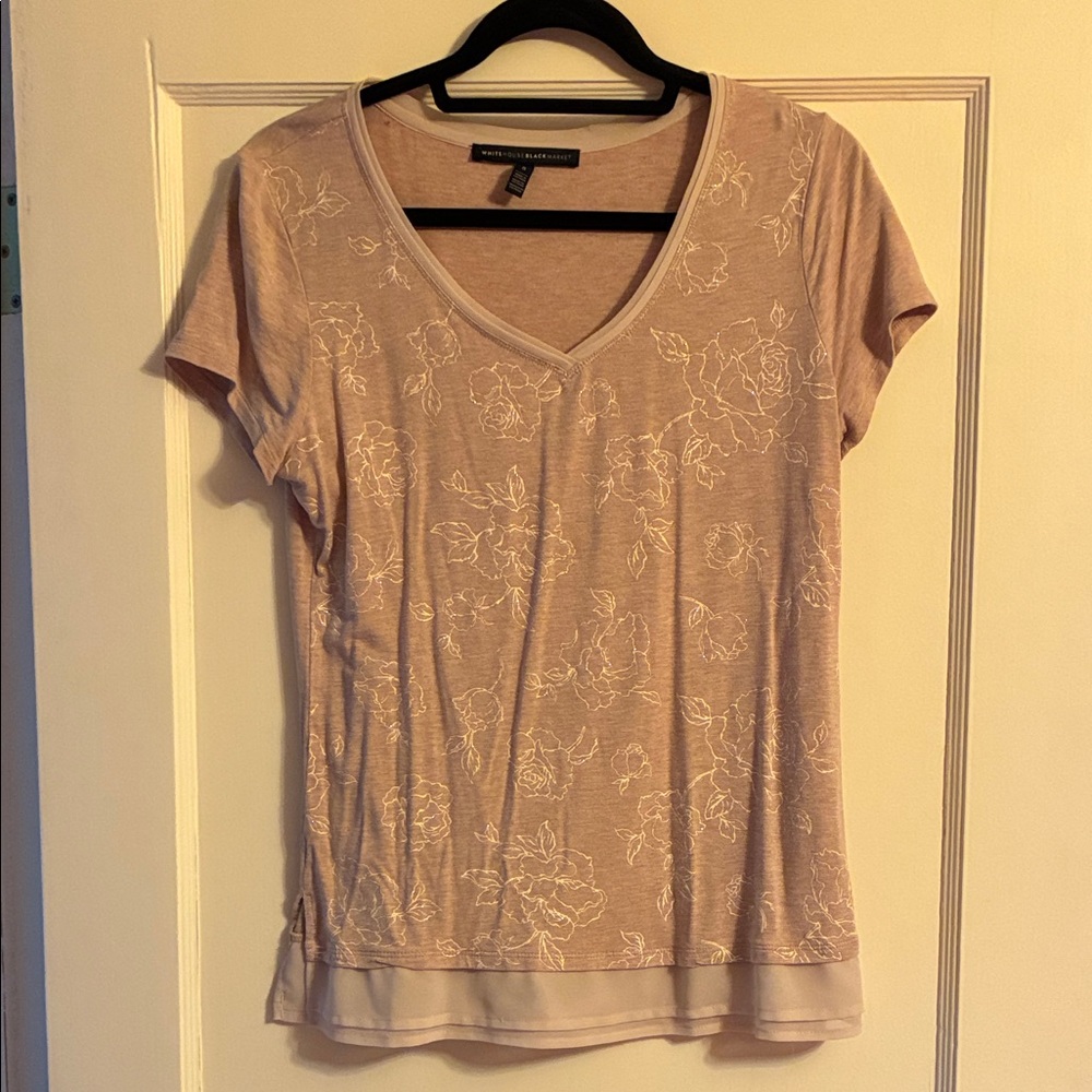 White House Black Market Tan Floral V-Neck Tee